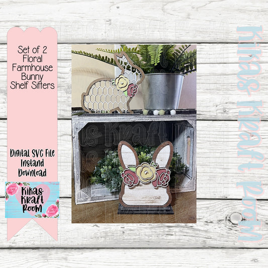 Set of 2 Floral Farmhouse Bunny Shelf Sitters DIGITAL LASER SVG File