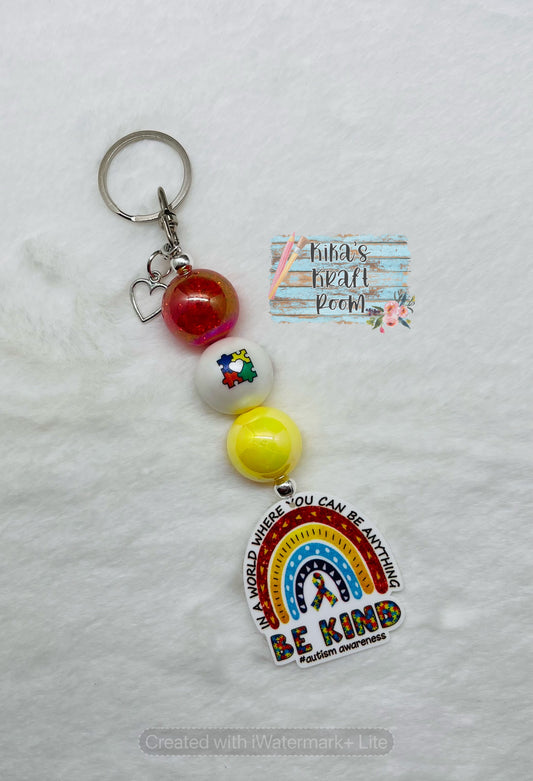 Be Kind Autism Awareness Bubblegum Bead Keychain with charm