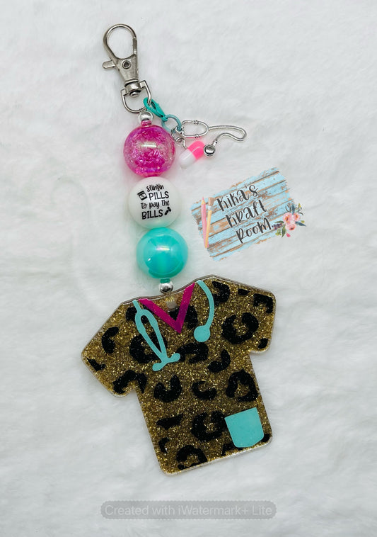 Cheetah Print Scrub Top Bubblegum Bead Keychain with Matching Charms
