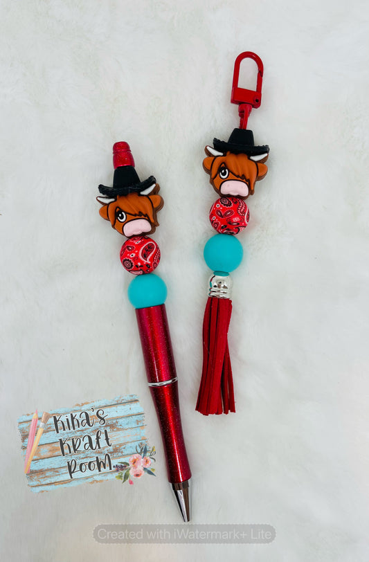 Rare/HTF Highland Cow in Cowboy Hat matching pen & keychain set