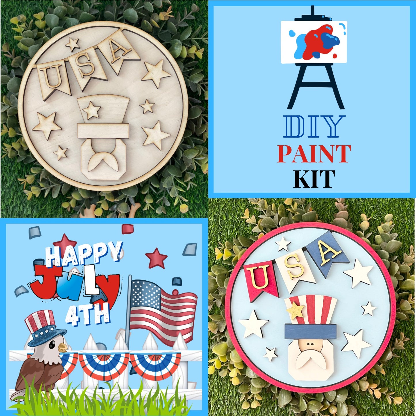 DIY Paint Kit ~ Unfinished DIY Wood Kit ~ 8" USA Uncle Sam Round